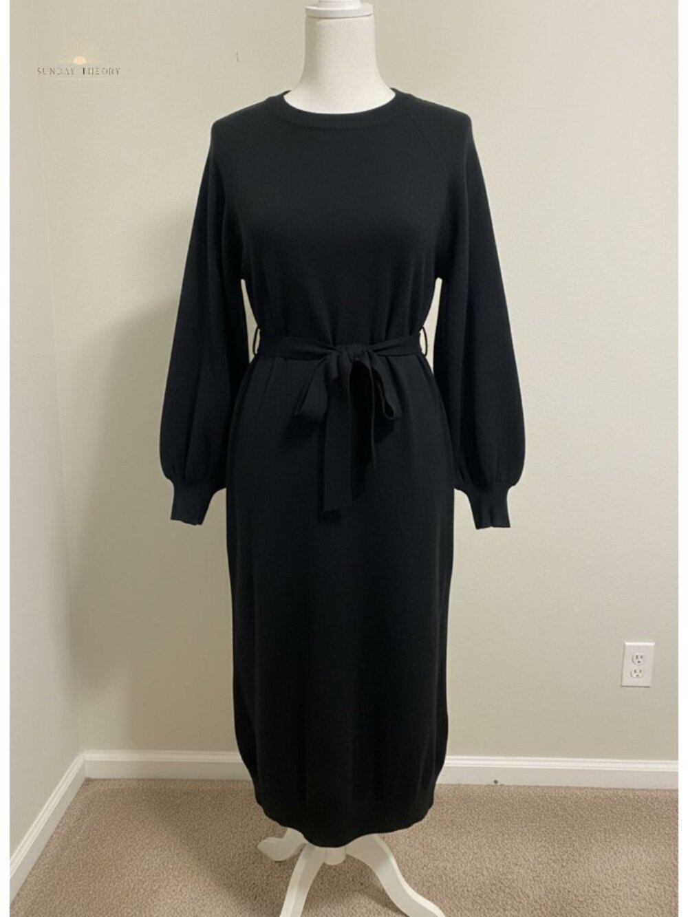 Viscose Blend Midi Sweater Dress Tie Waist Puff Sleeve Knit Work Casual